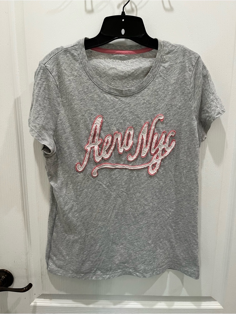 Aeropostale Grey Tee with Pink 'Aero NYC' Script Y2K